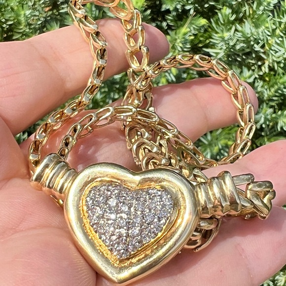 VINTAGE 14K YELLOW GOLD PAVE DIAMOND HEART NECKLACE CHAIN HEAVY THICK WELL MADE - Picture 1 of 16